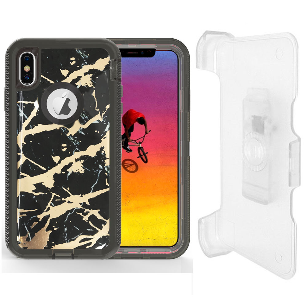 iPHONE Xr 6.1in Marble Design Clear Armor Robot Case with Clip (Black)